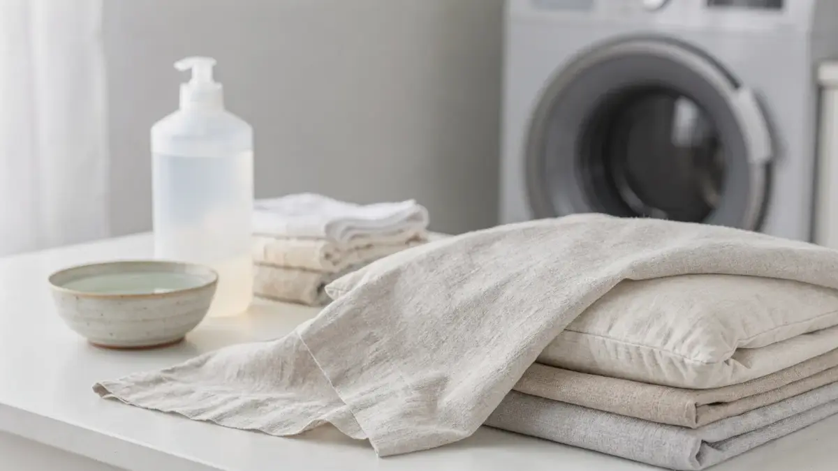 Schonende Wäsche empfindlicher Kissenstoffe mit Kissenbezügen, mildem Waschmittel und Waschmaschine
