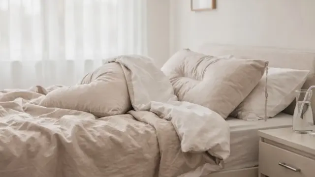 Postpartum Frau steht seitlich aus dem Bett auf, um den Bauch nach der Geburt zu schonen
