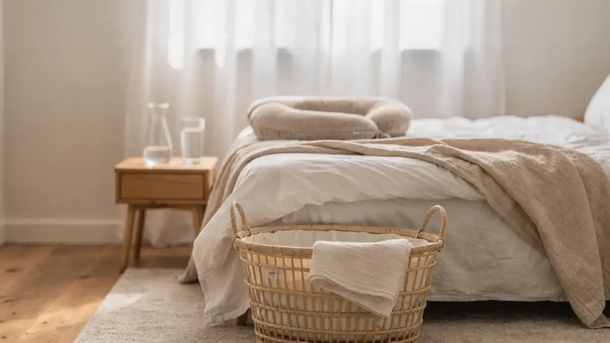 Wochenbett: Frau hebt eine leichte Babywanne mit unterstützender Haltung im Schlafzimmer.