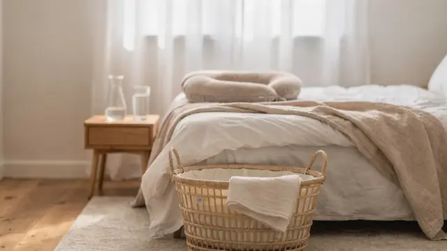 Wochenbett: Frau hebt eine leichte Babywanne mit unterstützender Haltung im Schlafzimmer.