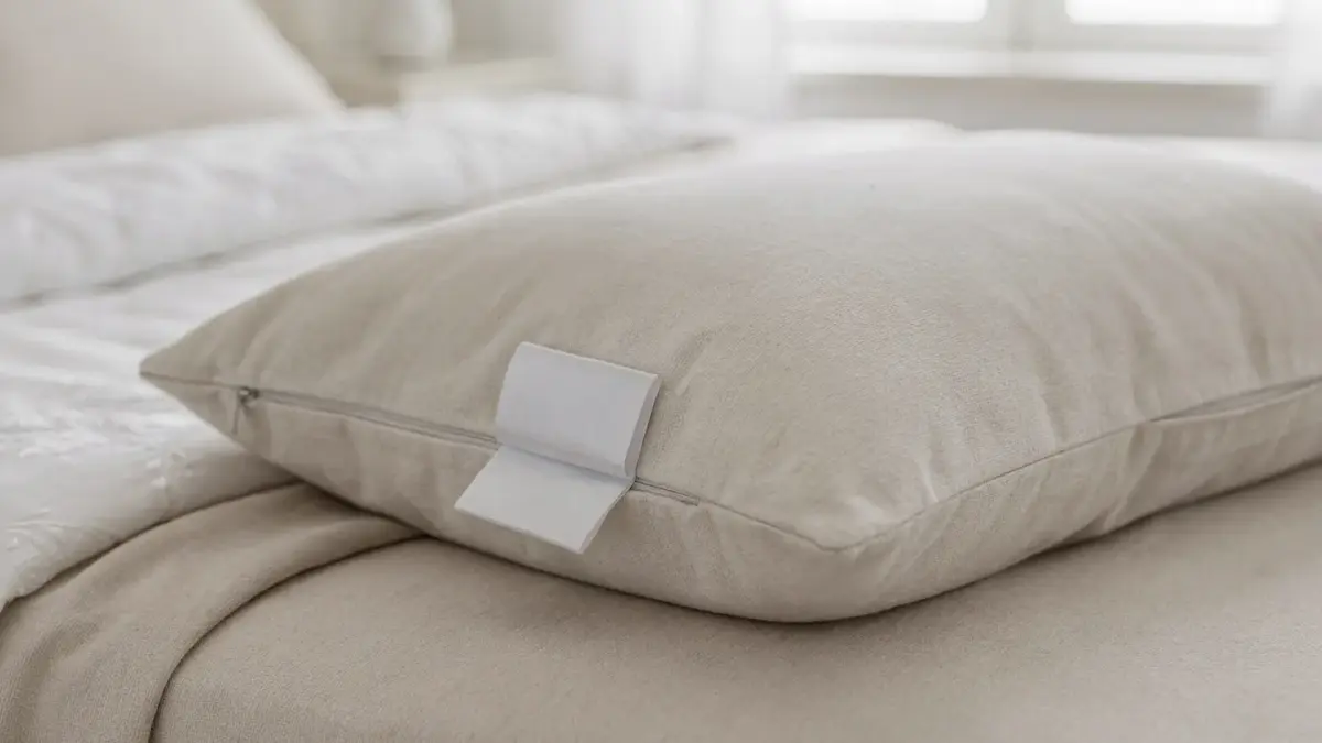 Pflegeetikett am Kissen mit Symbolen für Temperatur und Pflegehinweise auf einem Bett