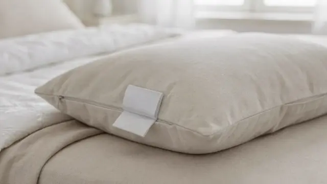 Pflegeetikett am Kissen mit Symbolen für Temperatur und Pflegehinweise auf einem Bett
